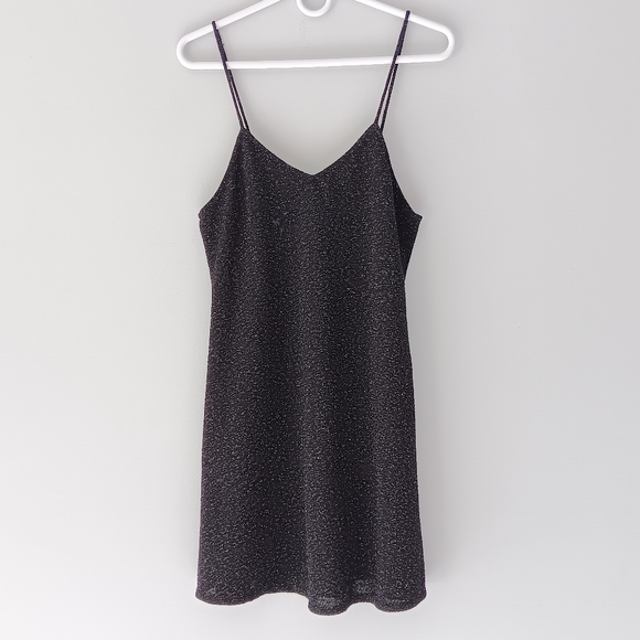 Angie Slip Mini Dress Black Silver Metallic Shimmer Spaghetti Strap Low V Medium - Picture 14 of 14